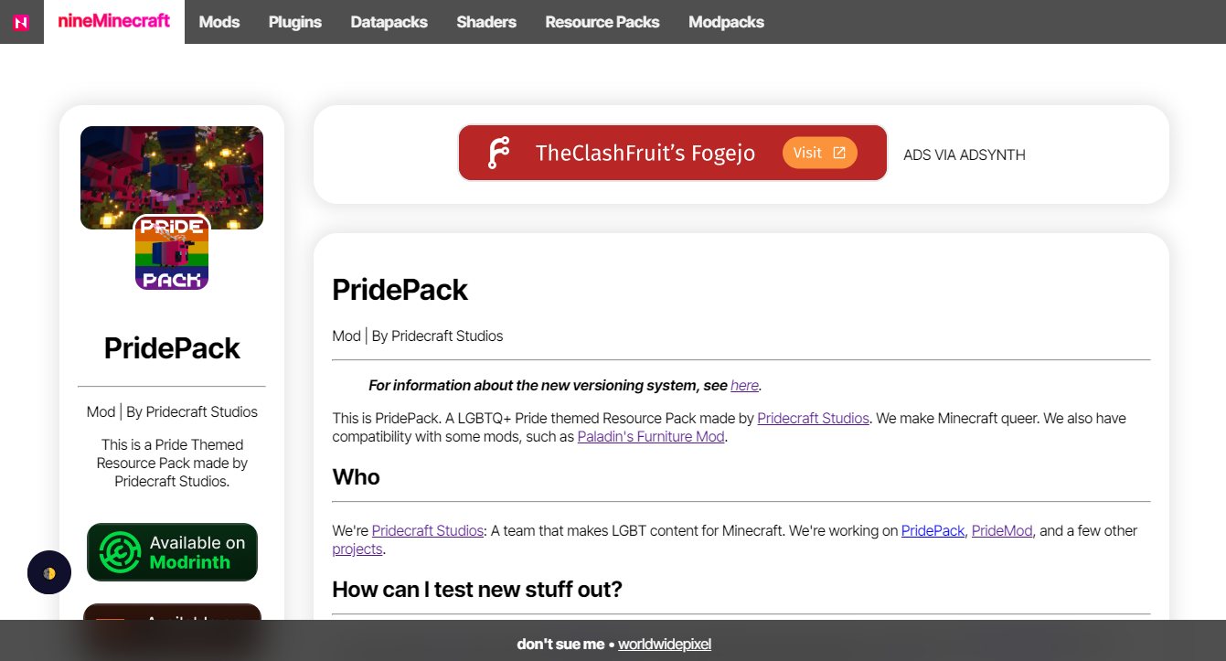 Image of PridePack's nineMinecraft page